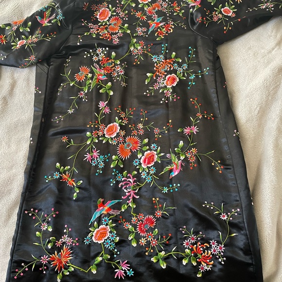 Black Chinese vintage hand embroidery floral birds long jacket coat size xs-s - Picture 9 of 16